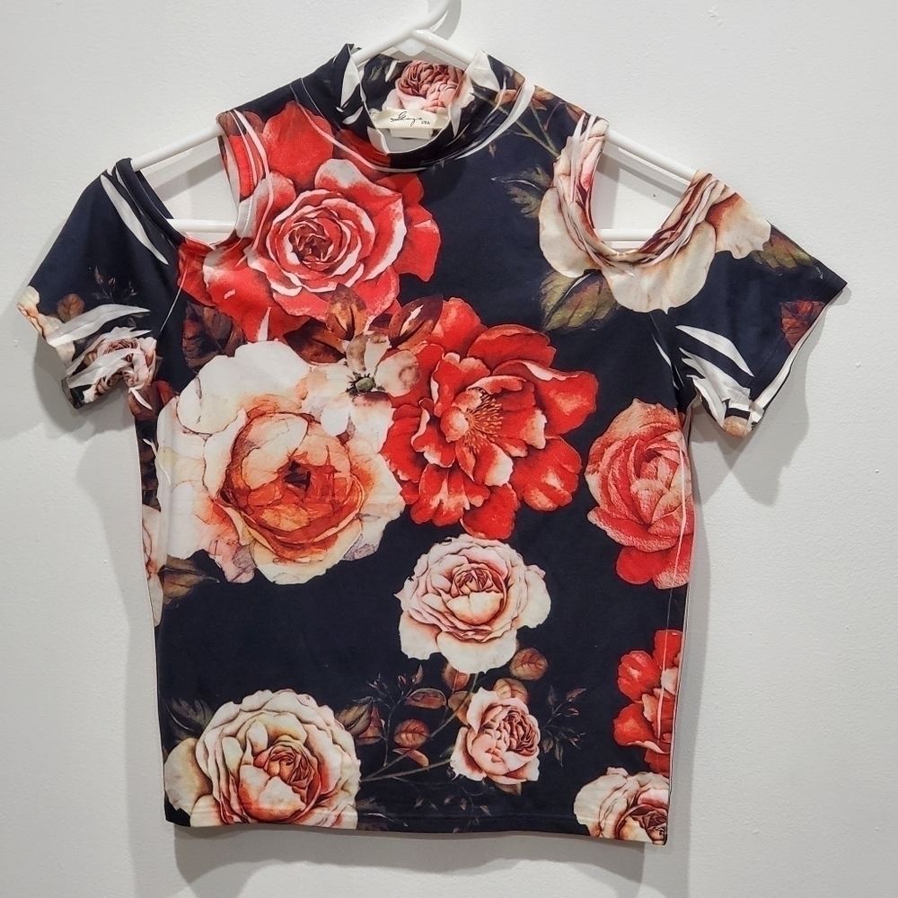 GLAZE Floral Print Cold Shoulder Bodycon Top